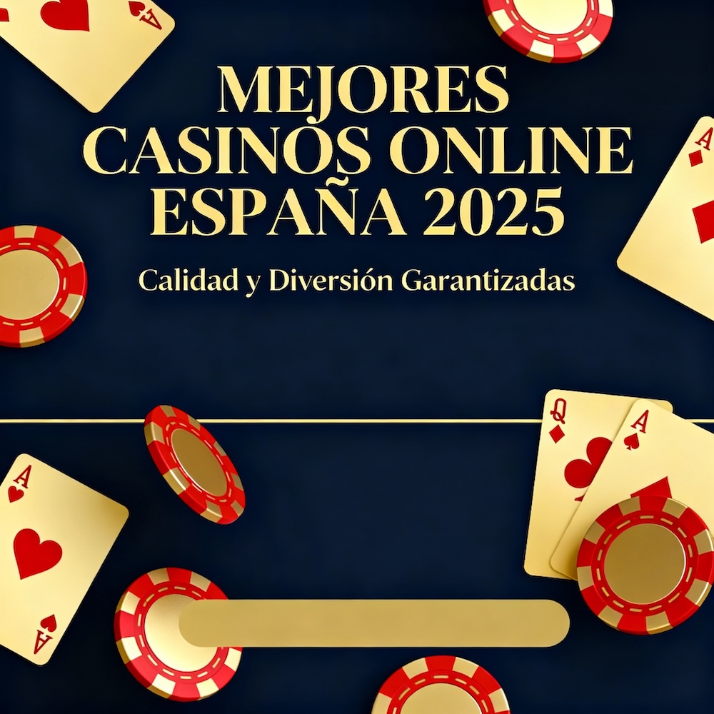 Banner de casinos online españoles con temática dorada y roja que incluye elementos de casino.